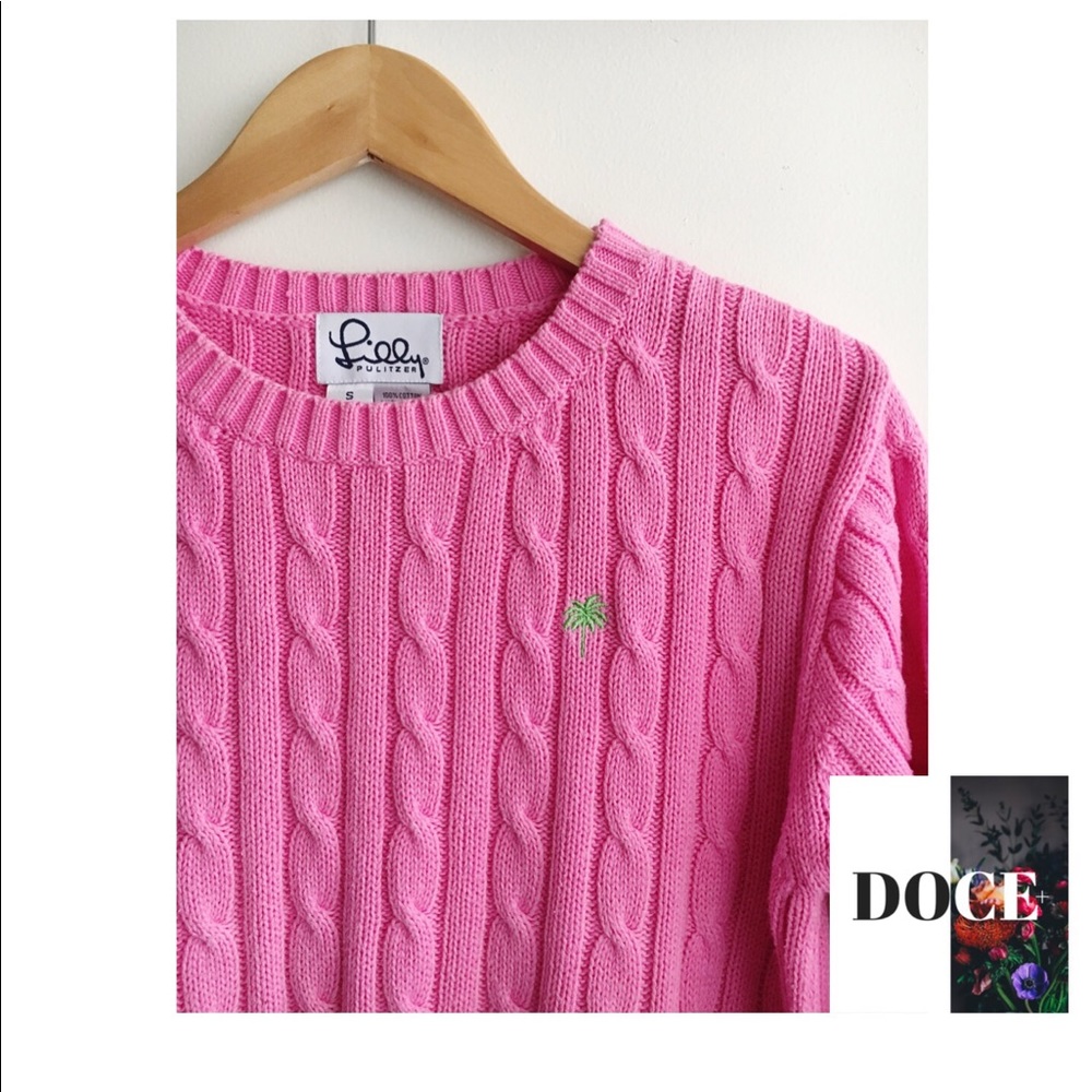 LILLY PULITZER Pink Cable Knit Palm Tree Sweater
